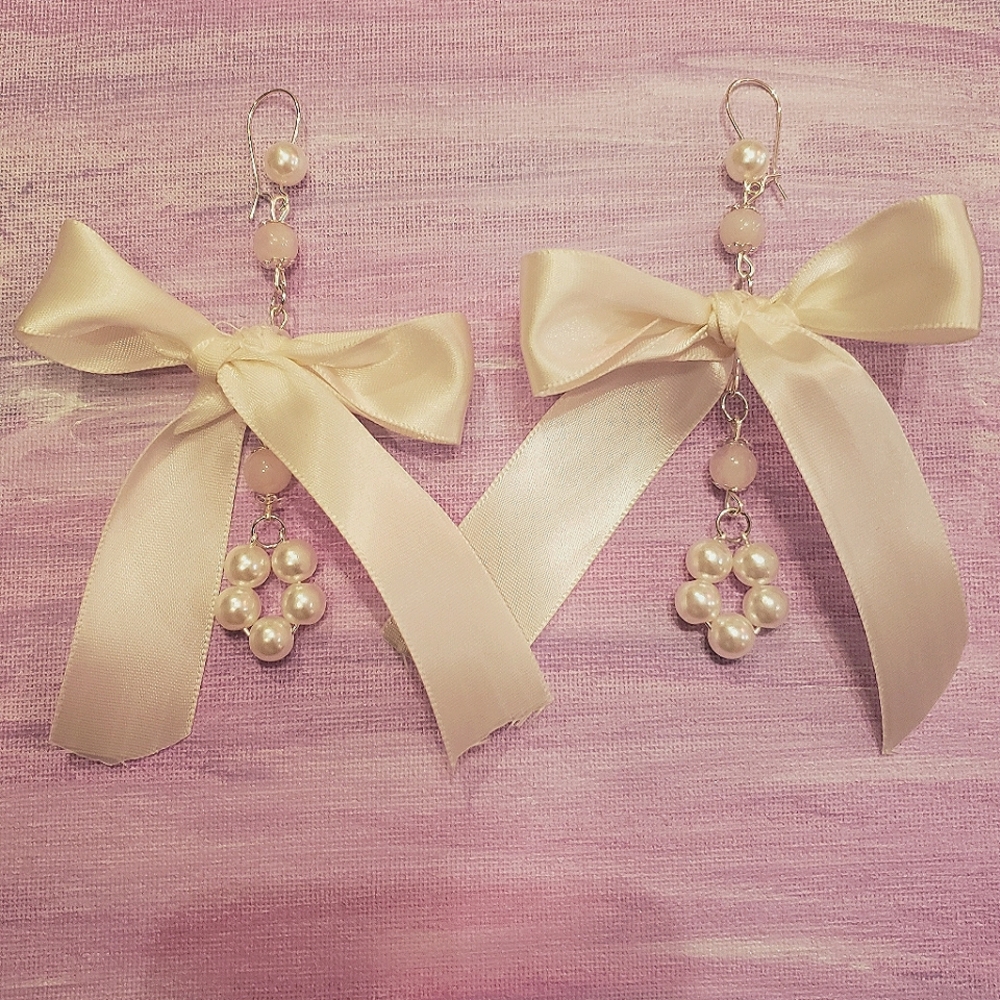 Handmade Adorable Bow & Rose Quartz Dangle Earrings